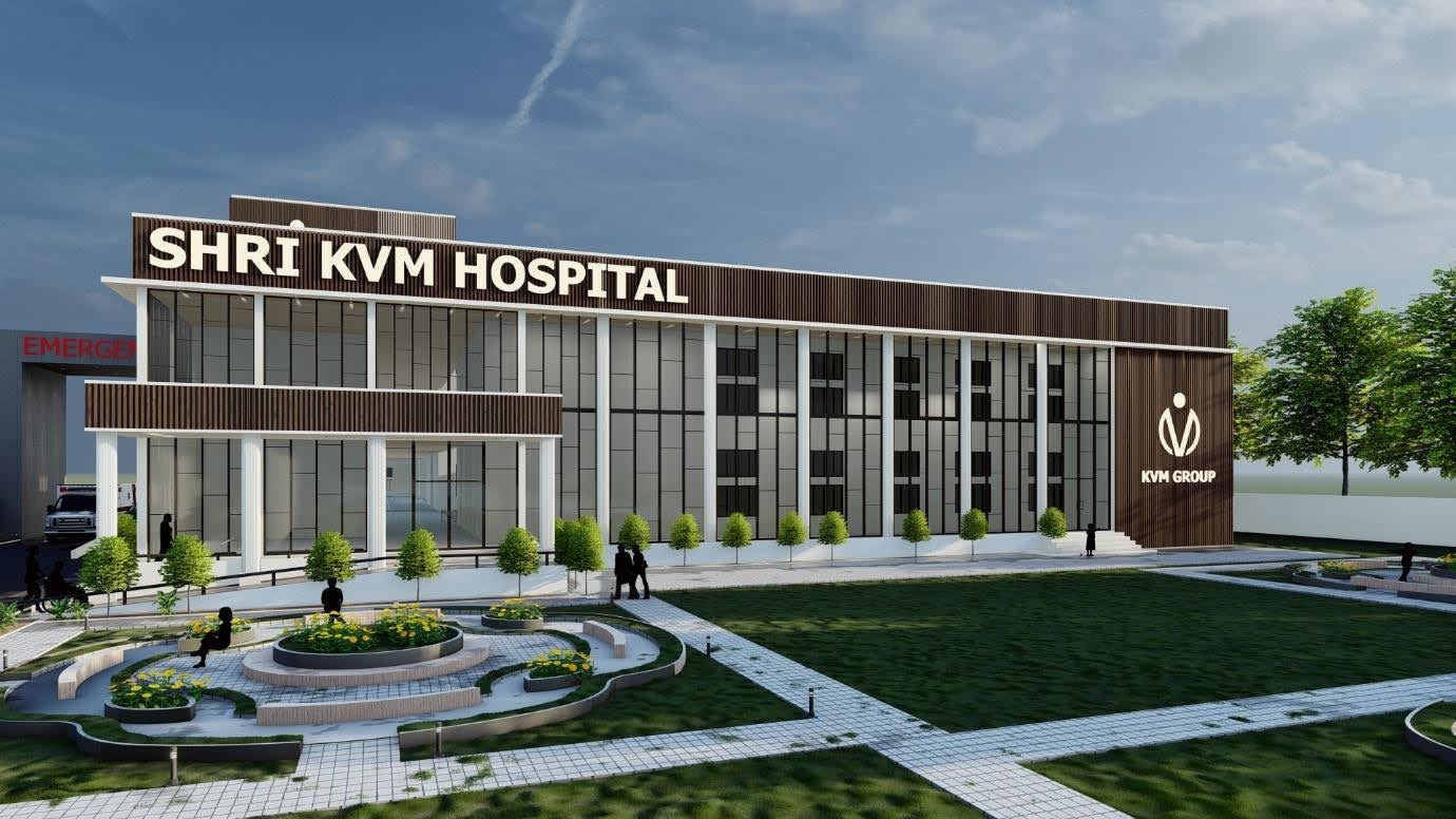 Angled exterior view of hospital with landscaping